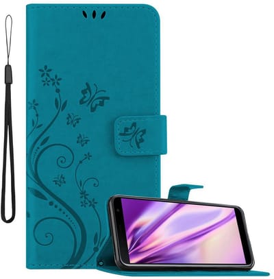 Cadorabo Hoesje geschikt voor Samsung Galaxy J6 PLUS in BLOEMEN BLAUW - Beschermhoes in bloemmotief met magnetische sluiting, standfunctie en kaartsleuven Book Case Cover Etui
