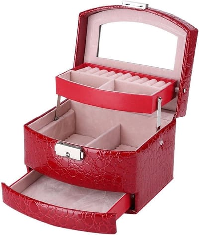 Sieradenopbergdoos met Spiegel en Handvat - 3 Laags voor Kettingen, Ringen en Broches - Perfecte Cadeauoplossing in Rood