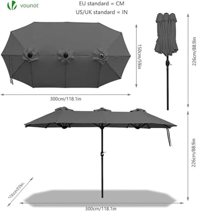 Dubbele Parasol 300 x 150 cm Rechthoekig – XL Tuinparasol met Zwengel, UV-Bescherming en Aluminium Frame – Grote Terrasparasol voor Balkon, Tuin & Strand – Grijs – Nicolehome