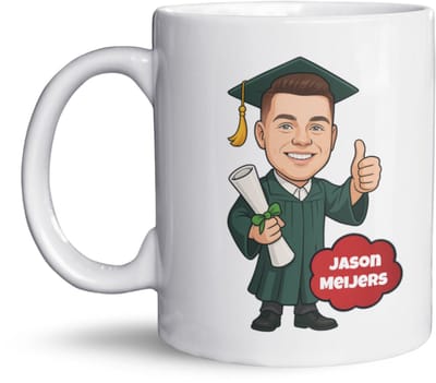 NietMokken.nl - Geslaagd Mok – Cartoon Geslaagd met naam & gezicht – Gepersonaliseerde mok – Cadeau voor geslaagde – 325 ml keramiek – Cartoon op maat – Aan beide zijden bedrukt – Vaatwasser- en magnetronbestendig