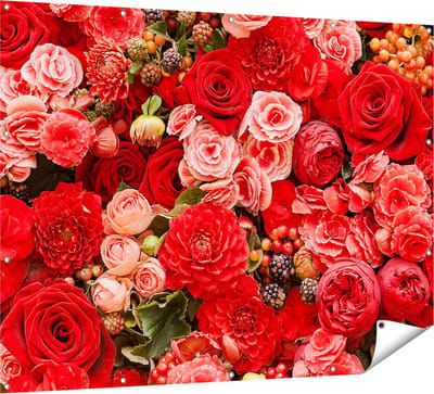 Gards Tuinposter Rode en Roze Bloemen met Fruit - Abstract - 160x120 cm - Tuindoek - Tuindecoratie - Wanddecoratie buiten - Tuinschilderij