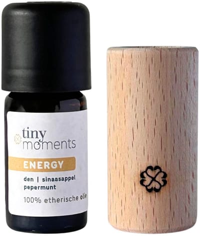 Tiny Moments Aroma Diffuser Set Energy - Houten Geurdiffuser met Etherische Olie - Sinaasappel, Pepermunt, Grove Den