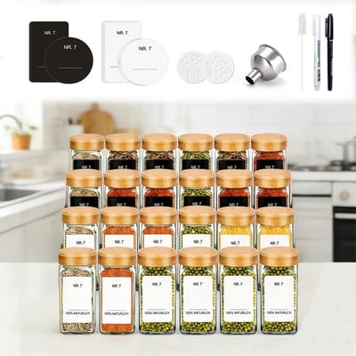 JOYNEXTBUY - Kruidenpotjes - 24-delige set - Bamboe Deksel - Inclusief Etiketten - Accessoires Vullen en Reinigen - Voorraadpotjes