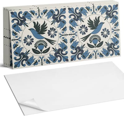 Coloray Plaktegels - Patroon met vogels en bloemen Wandtegel Zelfklevend - 60 cm x 30 cm - Blauw Plaktegels - 6 stuks - Rechthoek PVC Tegels - Plaktegels Keuken - Zelfklevende Vloertegels Badkamer - Vinyltegels Vloer Zelfklevend - Portugese Tegels