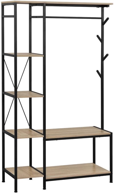 Kapstok - Vrijstaande Kapstok - 4 Haken, 1 Kledingrail - Kledingrek met Bank - 100 x 175 x 40 cm