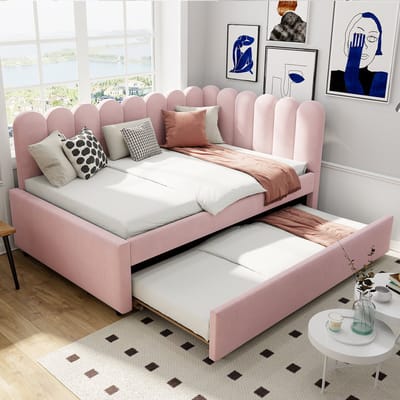 MEUNIQ Bedbank 140x200 cm met uitrolbed, L-vormig gestoffeerd bed met bloemvormige rugleuning, lattenbodem en slaapfunctie voor slaapkamer of logeerkamer, roze