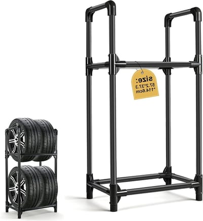 Tire Stand voor 4 Banden, 57 x 37 x 114 cm, Bandenrek met Beschermhoes, Ideaal voor Garage en Werkplaats, Stalen Constructie met 200 kg Draagvermogen, Ruimtebesparend en Duurzaam