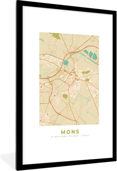 Fotolijst incl. Poster - Plattegrond - Kaart - België - Stadskaart - Vintage - Mons - 80x120 cm - Posterlijst