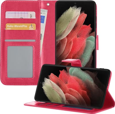 Hoesje - Geschikt voor Samsung Galaxy S21 Ultra - Luxe Bookcase - Walletcase Hoes - Portemonnee - Cover - Telefoonhoes - Donkerroze