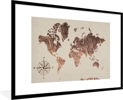 Poster in lijst - Fotolijst 120x80 cm - Posters - Wereldkaart - Hout - Windroos - Posterlijst zwart - Decoratie - Wanddecoratie woonkamer - Muurdecoratie slaapkamer