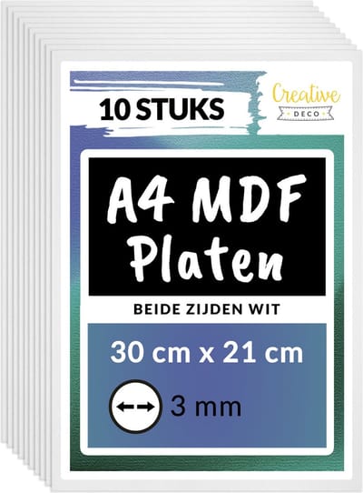Creative Deco 10 x A4 MDF platen Wit aan beide zijden | 300 x 210 x 3 mm | Dunne houten platen | Perfect voor laser, CNC router, modelbouw, figuurzaag