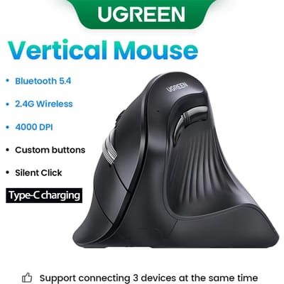 UGREEN ergonomische muis, draadloze Bluetooth verticale muis, Type-C oplaadbare verticale grip muis, anti-muishand zacht geluid muis