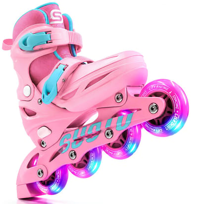 Suotu Skeelers - Inlineskates Verstelbaar - Lijn: S78 - Skeelers meisjes en jongens - Maat: EUR 32-36 - lichtgevende wielen - Roze/Blauw - M