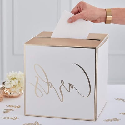 Steekbord met letters - Gouden brievenbus - Bruiloft kaarten - Goudfolie details - 25 x 25 cm - Wit
