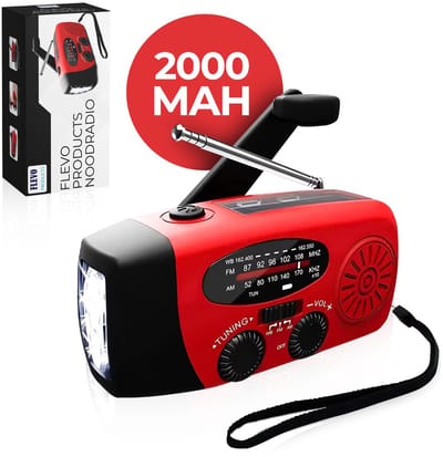 FLEVO PRODUCTS® Noodradio - Opwindbare Radio - Survival radio - Solar Opwindbaar - Zonneenergie - Met Zaklamp - Noodpakket - SOS Knop - FM Radio - Rood
