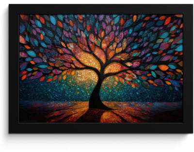 Poster in lijst - Fotolijst 30x20 cm - Posters - Mozaïek - Kleurrijk - Boom - Takken - Posterlijst zwart - Decoratie - Wanddecoratie woonkamer - Muurdecoratie slaapkamer
