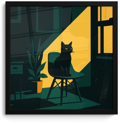 Poster in lijst - Fotolijst 40x40 cm - Posters - Zwarte kat - Mysterieus - Gele instraal - Posterlijst zwart - Decoratie - Wanddecoratie woonkamer - Muurdecoratie slaapkamer