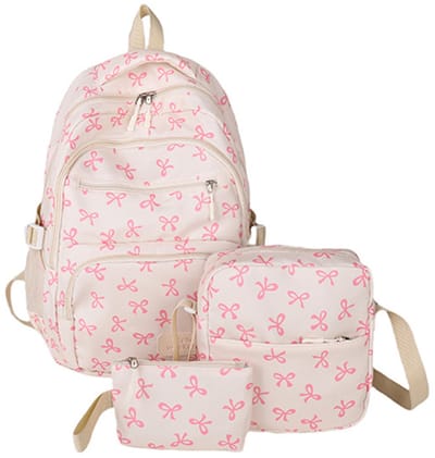 Schooltas - Rugtas - Tas - Rugtas Meisje - Schoolrugzak - 3-Pack Schattige Strik-Rugzakset - Esthetische Strik-Schooltas voor Dames en Meisjes - Grote Capaciteit Bedrukte Tas - voor Reizen, School, Woon-Werkverkeer
