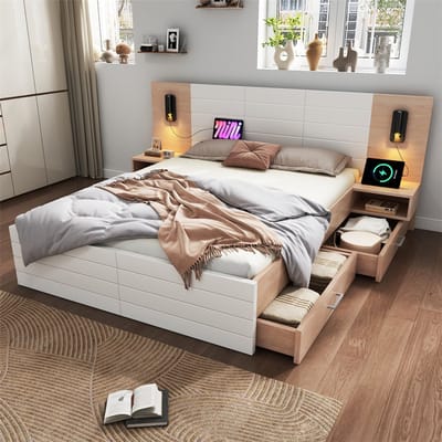YEHTOKHOME Tweepersoonsbed Houten bed 140x200 cm met Nachtkastjes en 2 lades - USB Aansluiting en Leeslamp - Bedframe met opbergruimte - lattenbodem - eiken/wit - zonder matras