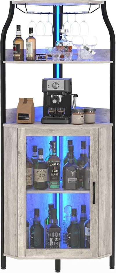 Hoekkast Barkast met LED Verlichting - Wijnkast met Glazen Deur, Wijnrek & Glazenhouder - Modern Dressoir - Grijs - 45x45x152,5 cm