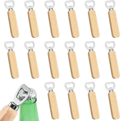 Flesopener van hout, draagbare flesopener, graveerbare houten flesopener, roestvrijstalen bieropener, met houten handvat voor thuis, keuken, bar (16 stuks)