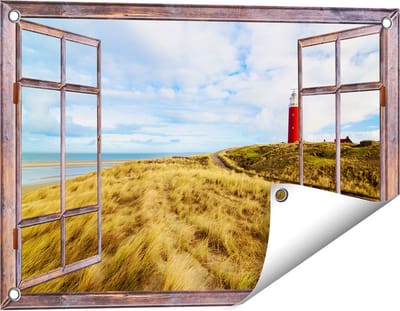 Gards Tuinposter Doorkijk Vuurtoren met Duinen in Texel - 60x40 cm - Tuindoek - Tuindecoratie - Wanddecoratie buiten - Tuinschilderij