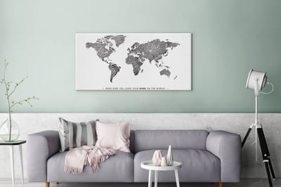 Wereldkaart vingerafdruk zwart wit met tekst canvas | Wereldkaart Canvas Schilderij 100x50 cm