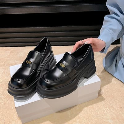 Dikke Zool Loafers Dames Nieuw Lente Muffin Verhogend Britse Stijl Enkele Schoenen Leer Hoge Hak Kleine Leren Schoenen 40 black