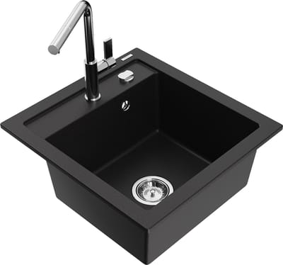 Mexen Vito granieten spoelbak 1-komerig met keukenkraan Flora, zwart - 6503-77-670401-00