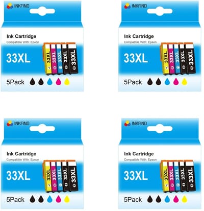 INKFIND 33XL inktcartridge voor Epson 33XL T3351 T3361 T3362 T3363 T3364 inktcartridge multipack 20 stuks (4*5pack=Zwart x 4, foto zwart x 4, Cyaan x 4, Magenta x 4, Geel x 4) voor Epson Expression Premium XP-530, XP-540, XP-630/635/640/645/830/900
