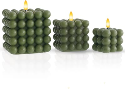 Meisterhome Bubble LED Kaarsen Set van 3 - Groen – Wax Kaarsen met Timer – 12 cm, 9 cm & 7,5 cm – Warm Wit Flikkerend Licht – Veilig & Sfeervol