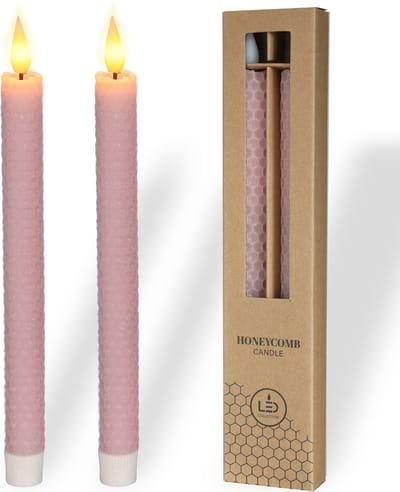 Comforder 2 LED kaarsen Honingraat met Flikkerende Vlam - Lange Elektrische Dinerkaarsen op Batterijen met Timer - 25cm Roze