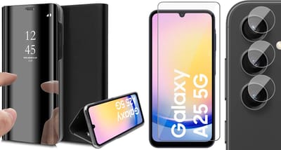 Hoesje geschikt voor Samsung Galaxy A25 / A24 - Screenprotector Glas & Camera - Spiegel Book Case Zwart