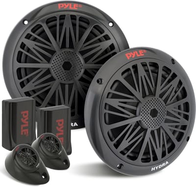 Pyle PLMR6KB luidsprekersysteem, 200 W, weerbestendig, dual 2-weg 16,5 cm (6,5 inch) outdoorluidspreker met 85 Hz - 6 kHz frequentierespons, robuuste magneetstructuur, zwart