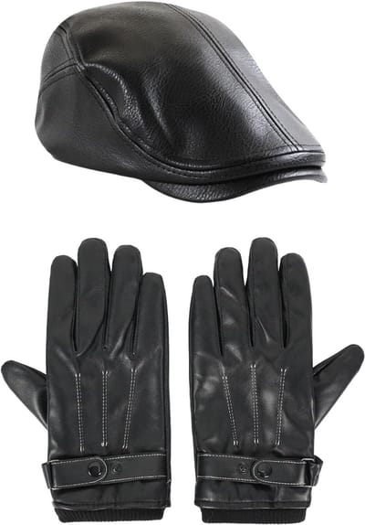 Set van leren pet en leren handschoenen voor mannen, warme winterhandschoenen, retro beret pet en Gatsby newsboy flat cap