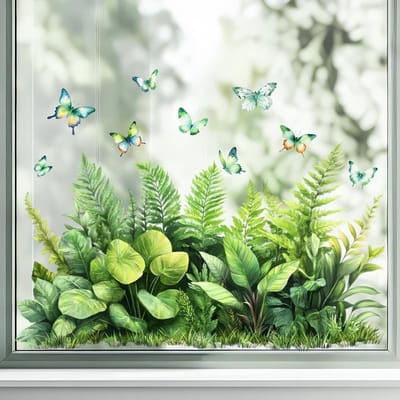 Dubbelzijdige raamsticker met boeket bloemen - Raamsticker - Met groene bladeren en vlinders - Sfeervolle raamsticker - Herbruikbaar - Lentesticker voor glas - Anti-stoot bloemenstickerdecoratie - Groen