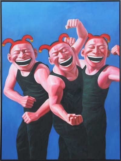 Fine Asianliving Olieverf Schilderij 100% Handgeschilderd 3D met Reliëf Effect en Zwarte Omlijsting 90x120cm Yue Min Jun Reproductie Drie Lachende Mannen