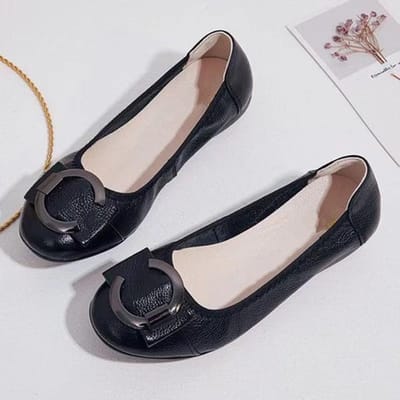 Nouveau Style Style tendance femme confortable Pu décontracté ballerines chaussures femmes talon bas doux bout rond dames chaussures plates taille 35 noir