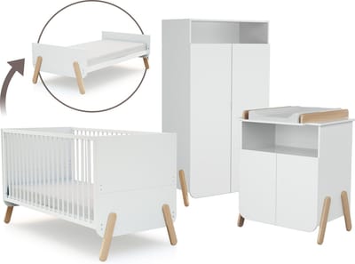 AT4 - Babyslaapkamer met bed, luiertafel en kledingkast PIRATE in hout Wit en Beuken
