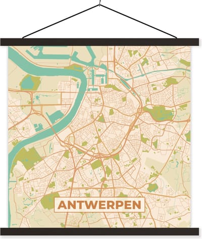 Posterhanger incl. Poster 60x60 cm - Schoolplaat - Antwerpen - Stadskaart - Kaart - Plattegrond - Antwerpen - Textielposter - Zwarte latten - Stadskaart