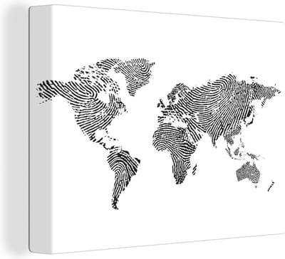 Canvas Wereldkaart - 120x90 - Wanddecoratie Wereldkaart - Vingerafdruk - Zwart - Wit