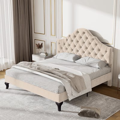 SINGULARITY-Lit capitonné 140 x 190 cm met zomer à lattes en tête de lit- lit capitonné met tête de lit réglable en hauteur- beige- zonder matras