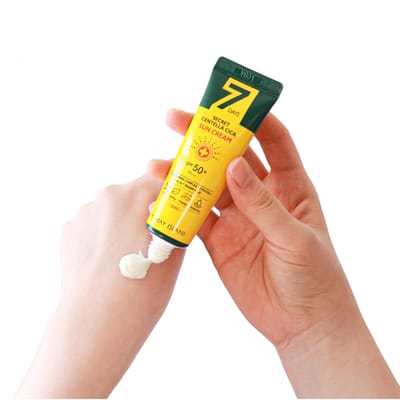 Authentieke May Island 7 Dagen Geheim Centella Cica Zonnecrème (30 ml) – SPF50+ PA+++ Verzachtende Hybride Zonnebrandcrème voor Huid met Neiging tot Acne Korea Verzending yellow