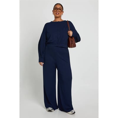 boohoo Dames Plus geribbeld cardigan met knoopsluiting en wijde broek | Marineblauw | Maat: 44