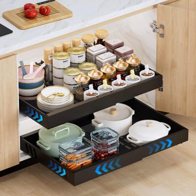 2 stuks uitbreidbare uittrekbare keukenladen met lijm, uittrekbare kastorganizer, plak & glij telescopische lade, voor keuken pantry-organisatie, instelbare breedte 32 - 53 cm