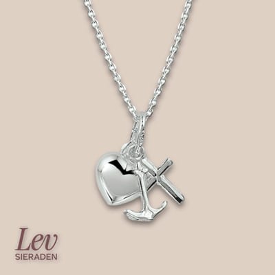 Lev Sieraden - Ketting - Anker Collier rondje met Kruis, anker en hart - Geloof hoop en liefde - Zilver - 1.3 mm 41 + 4 cm - Gerhodineerd zilver