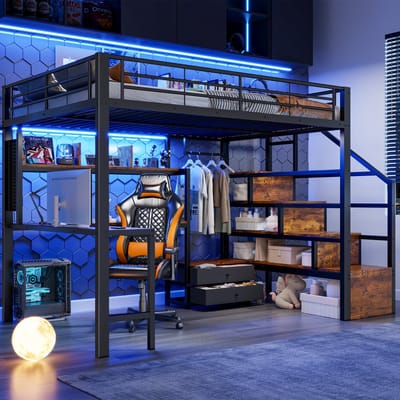 Hoogslaper 140x200 cm - Zwart - Ijzeren frame - Hoogslaper Met LED-lichtstrip, 2 lades, Kledingstang, Hoogslaper Met Bureau & Opbergtrap - Tienerhoogslaper - Kinderhoogslaper - Matras niet Inbegrepen - Ruimtebesparend