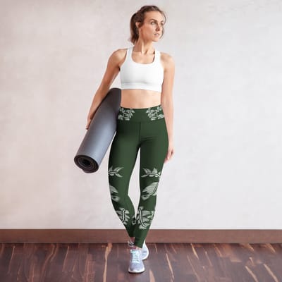 Sportlegging - design Lines 4 Peace - High Waist - Dry Fit - High Performance - 4way stretch - unieke print - UPF 50+ - Hardloop - Yoga - Fitness - Dans - Pilates - Traini ng - sportbroek - donker groen wit-dames- maat L
