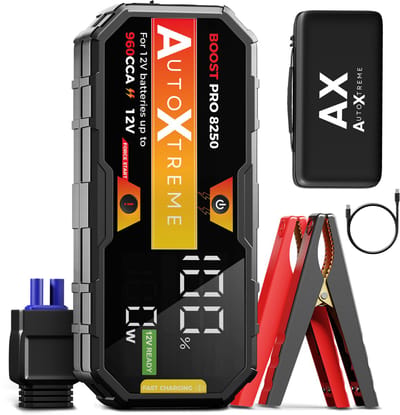 AutoXtreme Jumpstarter 12V voor Auto – 960 CCA - Boost Pro 8250 – Starthulp met Forcestart, LED-scherm & Powerbank – Incl. Zaklamp & Opbergkoffer