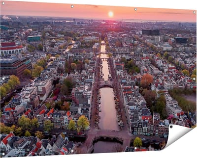 Gards Tuinposter Bovenaanzicht Amsterdam met Zonsondergang - 150x100 cm - Tuindoek - Tuindecoratie - Wanddecoratie buiten - Tuinschilderij